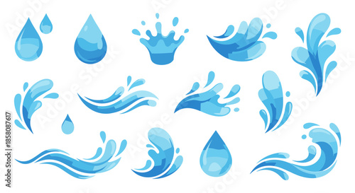 Dynamic set of blue water splashes, droplets, and wave illustrations, perfect for liquid-themed designs, refreshing visual content, and aquatic graphic projects highlighting purity and flow