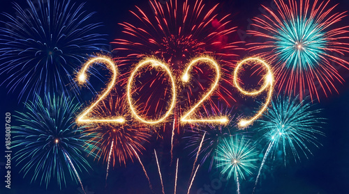 New Year 2029 written in glowing sparkler text with warm golden bokeh lights and fireworks background