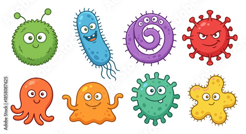 Whimsical collection of colorful cartoon microorganisms, featuring diverse bacteria, viruses, and germs with expressive, friendly faces for educational or playful design projects