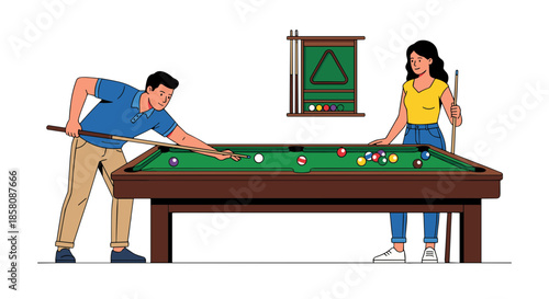 Two friends enjoying a lively and engaging game of billiards, skillfully lining up shots on the pool table, a perfect depiction of recreational fun and strategy in a bright, clean indoor setting