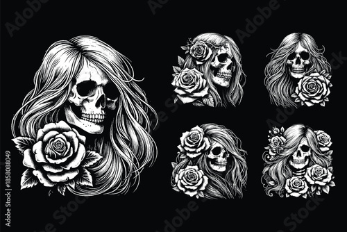 Set Bundle Hand Drawn Gold Fish Aquatic Black White Vintage Dark Art for Tattoo and Clothing illustration