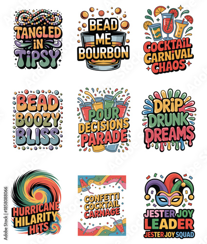 Mardi Gras and party phrases with vibrant illustrations and typography Keywords: Mardi Gras