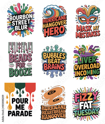 Mardi Gras themed illustrations with text and symbols Keywords: Mardi Gras, Louisiana, New