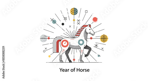 A modern abstract illustration of a horse with geometric shapes and lines, representing the Chinese zodiac Year of the Horse.
