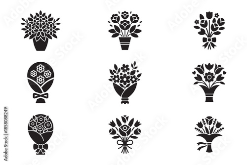 Flower Bouquet Icon Set, Black Solid Silhouette Floral Bunches Vector
