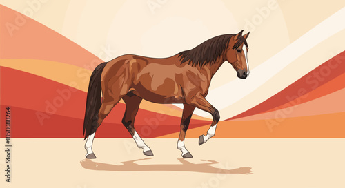 A brown horse with white markings walking against a warm, abstract sunset background in an illustrative style.