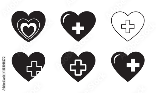 Medical Heart Icon Set, Healthcare First Aid and Cardiology Vector Symbols