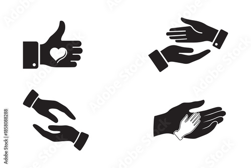 Helping Hands Icon Set, Charity Care and Support Heart Vector Symbols