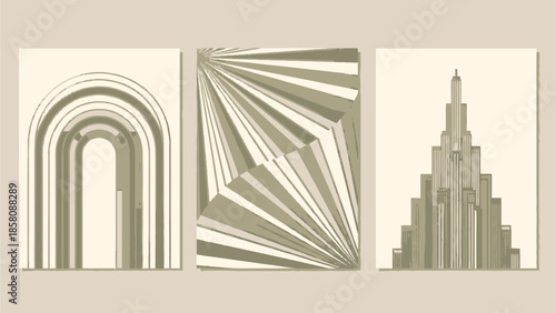 Luxury art deco design elements featuring vector illustrations of arches, sunbursts, and skyscrapers on invitation cards for wedding and gala events