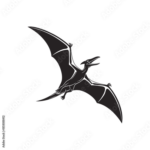 Flying Pterodactyl Silhouette with Spread Wings Vector Illustration