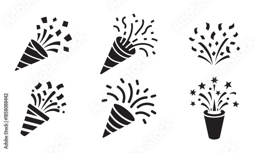 Party Popper Icon Set, Birthday Celebration Confetti and Firework Vectors