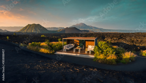Modern Minimalist Cabin Nestled In A Volcanic Landscape At Sunrise With Lush Greenery And Distant Mountains Under A Golden Sky