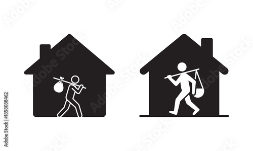 Homeless Person Icon Set, Migrant Refugee with Bundle Bag in House Silhouette