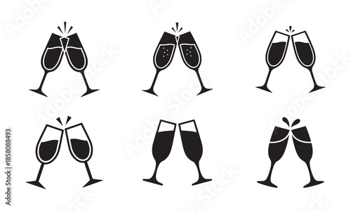 Champagne Glasses Clinking Icon Set, Toasting Celebration and Party Vectors