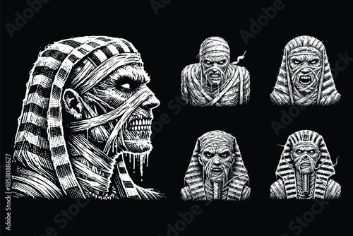 Set Bundle Hand Drawn Gold Fish Aquatic Black White Vintage Dark Art for Tattoo and Clothing illustration