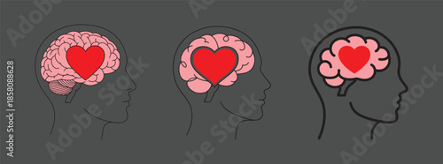 Human head profile with heart inside brain illustration set, mental health and emotional intelligence concept icons