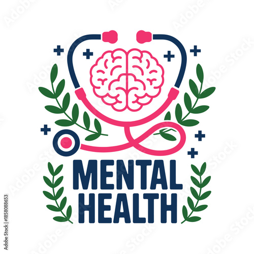 Mental health awareness concept with brain stethoscope and leaves, medical vector illustration for psychological wellness