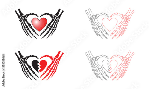 Skeleton hands forming heart shape with red and broken heart icons, anatomy vector set for love and heartbreak concepts