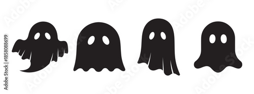Collection of spooky ghost silhouettes for Halloween decor, set of black phantom spirit icons on white background
