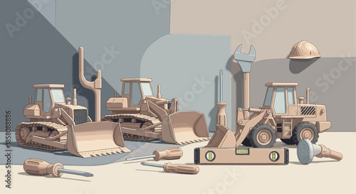 An illustration of various construction vehicles and tools, including bulldozers, loaders, a wrench, and a hard hat, set against a muted background.