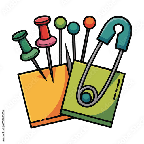 Stationery and Sewing Icon, Hand-Drawn Office Supplies Illustration with Push Pins and Safety Pin on Sticky Notes
