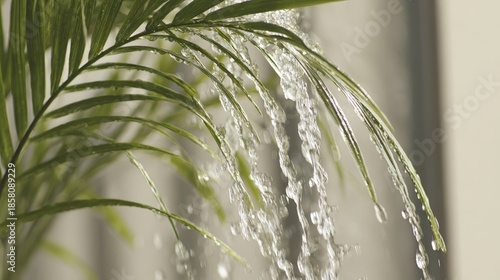 Water cascades down the glossy green fronds of a houseplant in bright light.