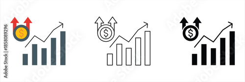 Dynamic Icon Set Illustrating Financial Growth, Investment Returns, and Business Success with Upward Trending Bar Charts and Monetary Symbols for Market Prosperity and Economic Gains