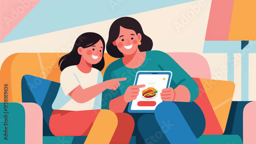Illustration Of A Happy Mother And Daughter Resting On A Sofa With Their Hands On A Tablet Screen To Order Food Vector Design Template