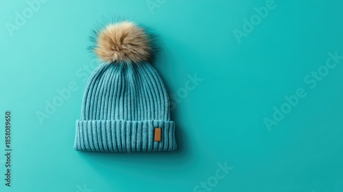 Knitted winter hat with a pompom resting on a vibrant teal background