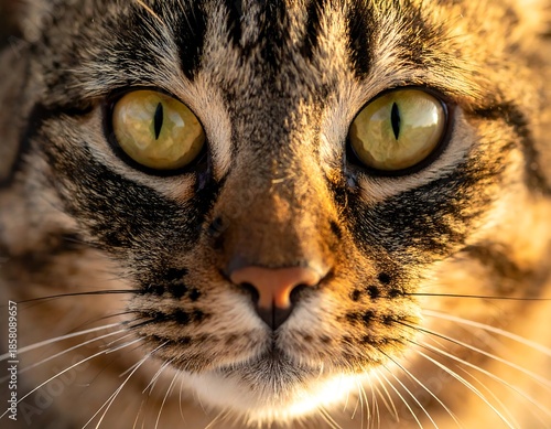 Macro close-up of a domestic tabby cat's face with intense eyes
