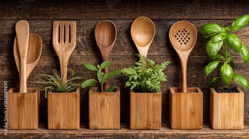 Various wooden cooking utensils and potted green herbs rest on a rustic wooden surface