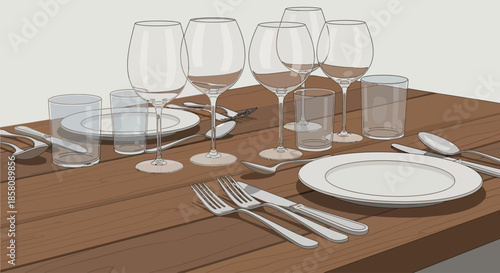 Elegant dining table setting with white plates, various glasses, and polished silverware on a wooden surface.