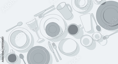 An overhead view of various kitchen and dining utensils arranged on a light background in a minimalist, flat design style.