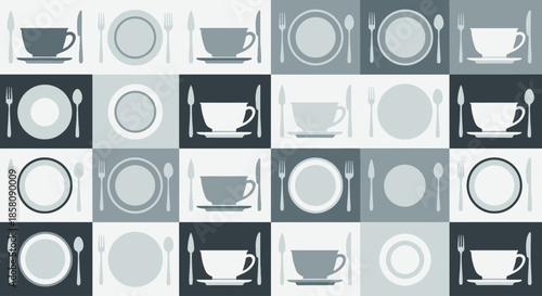 A repeating pattern of dinnerware including plates, cups, forks, knives, and spoons in a monochrome checkerboard design.