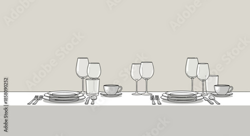Detailed illustration of two formal place settings with plates, cutlery, and various glasses on a table.