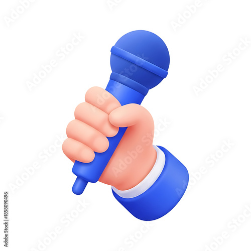 3D hand holding blue microphone in upright position with firm grip, broadcasting performance and public speaking concept