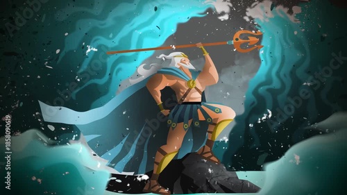 poseidon neptune in the raging sea wielding his trident