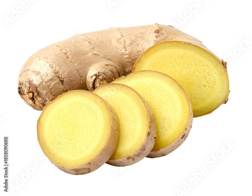 Fresh Ginger Root Sliced on White Background.