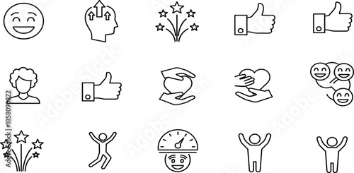 Positive emotion and feedback line icon set showing happiness approval motivation care support satisfaction success and encouragement symbols