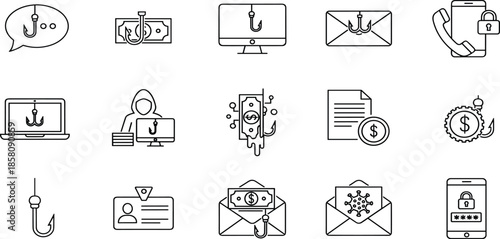 Phishing scam cyber security icons set email fraud hacking identity theft online payment risk protection line illustration design