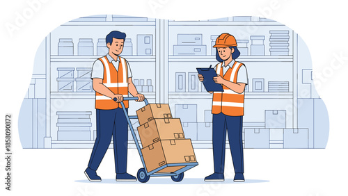 Male and female warehouse workers in safety vests checking inventory, with one pushing a hand truck of boxes and the other using a clipboard.