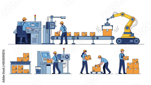 Set of illustrations showing factory workers on a production line with conveyor belts, robotic arms, and manual packaging processes.