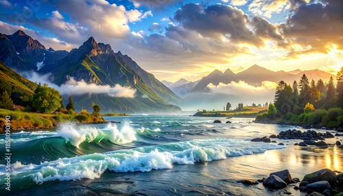 Majestic mountainous landscape features a sunlit river winding through a valley