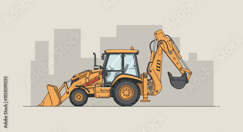 Yellow backhoe loader construction vehicle with city skyline in the background illustration.