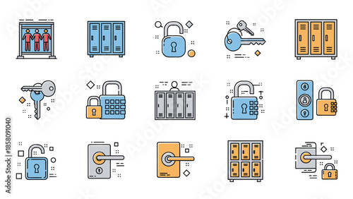 Collection of colorful icons for lockers, locks, and keys, representing security, privacy, and access in various settings like gyms or schools.