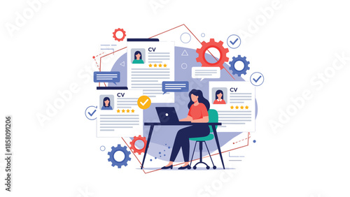 Human resources manager reviewing candidate CVs on a laptop for recruitment, hiring, and talent acquisition process.