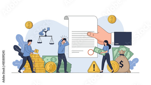 Stressed man signs a difficult contract surrounded by money, facing financial problems, debt, or legal trouble.