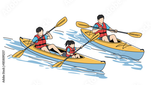Family enjoying a kayaking adventure on the water, with parents and a child paddling in kayaks on a summer day.