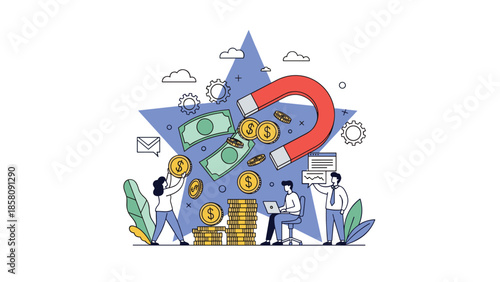 Business people using a large magnet to attract money, symbolizing financial success, investment, and wealth generation.