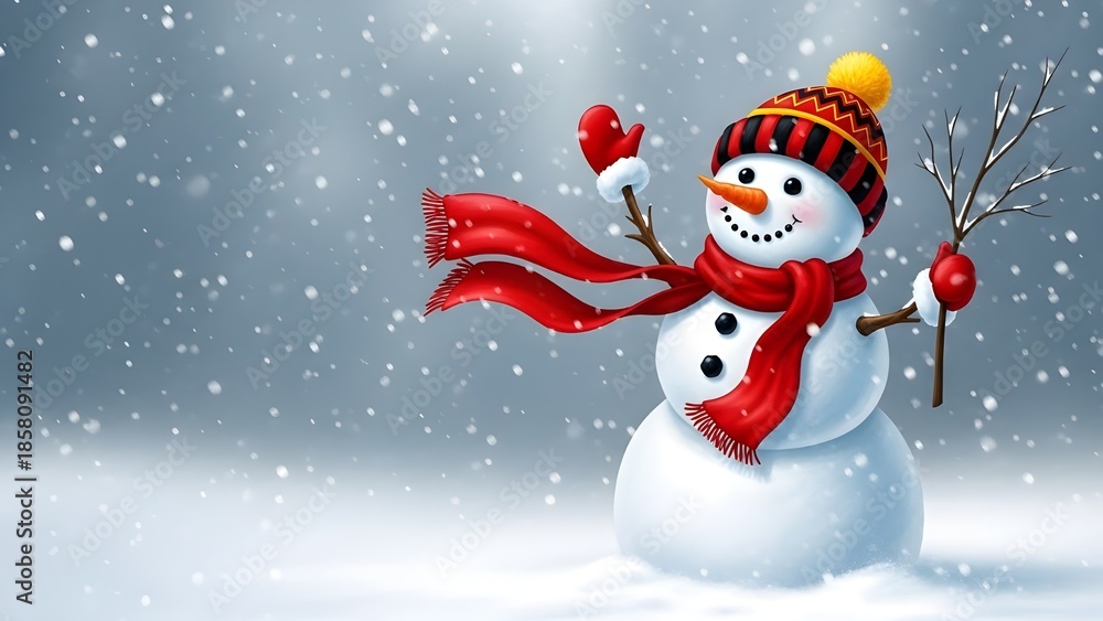Fototapeta premium A cheerful snowman in a red scarf and hat on a snowy day